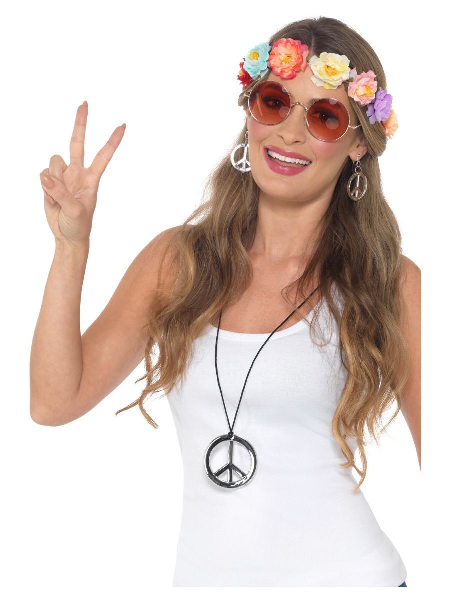 Hippie Festival Set, Mehrfarbig, Blütenstirnband, Brille, Medaillon & Ohrringe