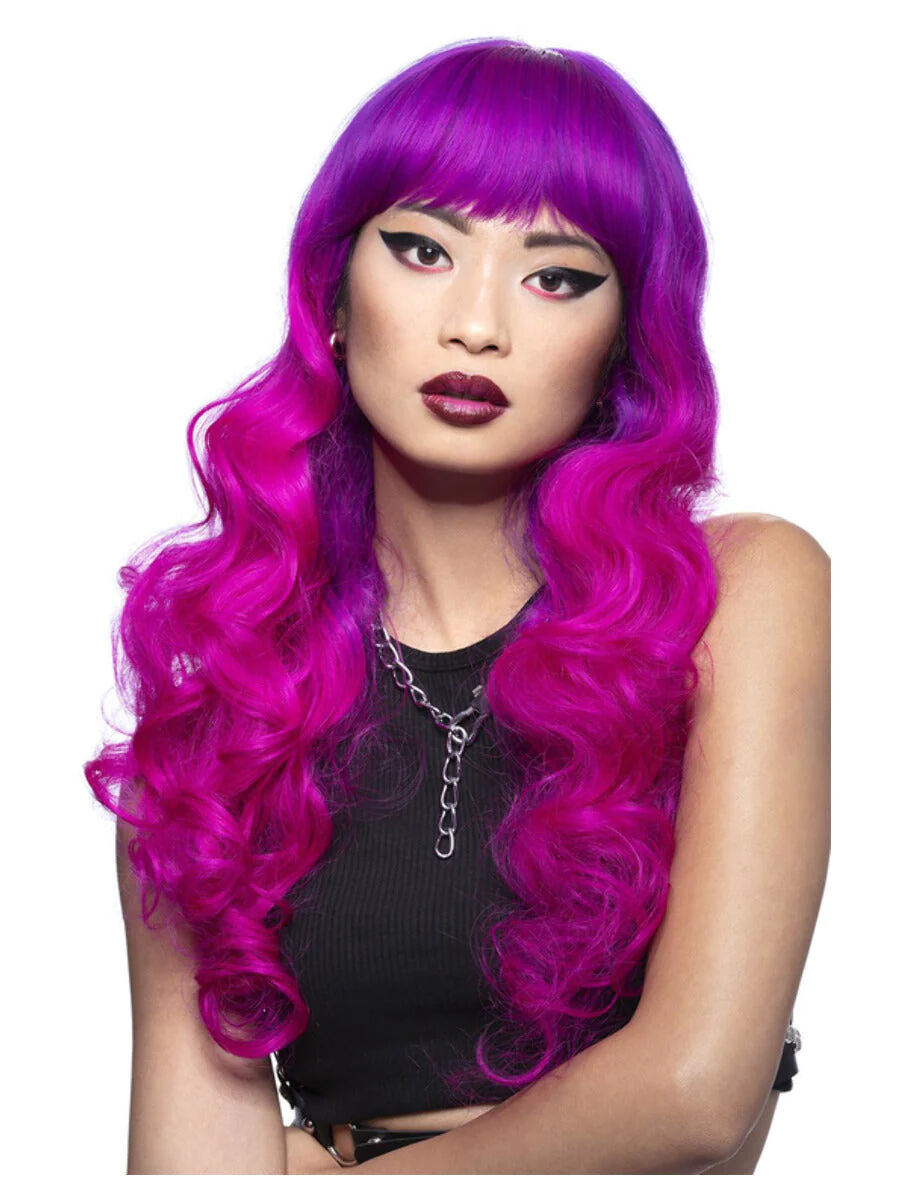 NEU ManicPanic Premium-Damen-Percke Fuchsia Passion, lang und gewellt mit Pony, lila-pink