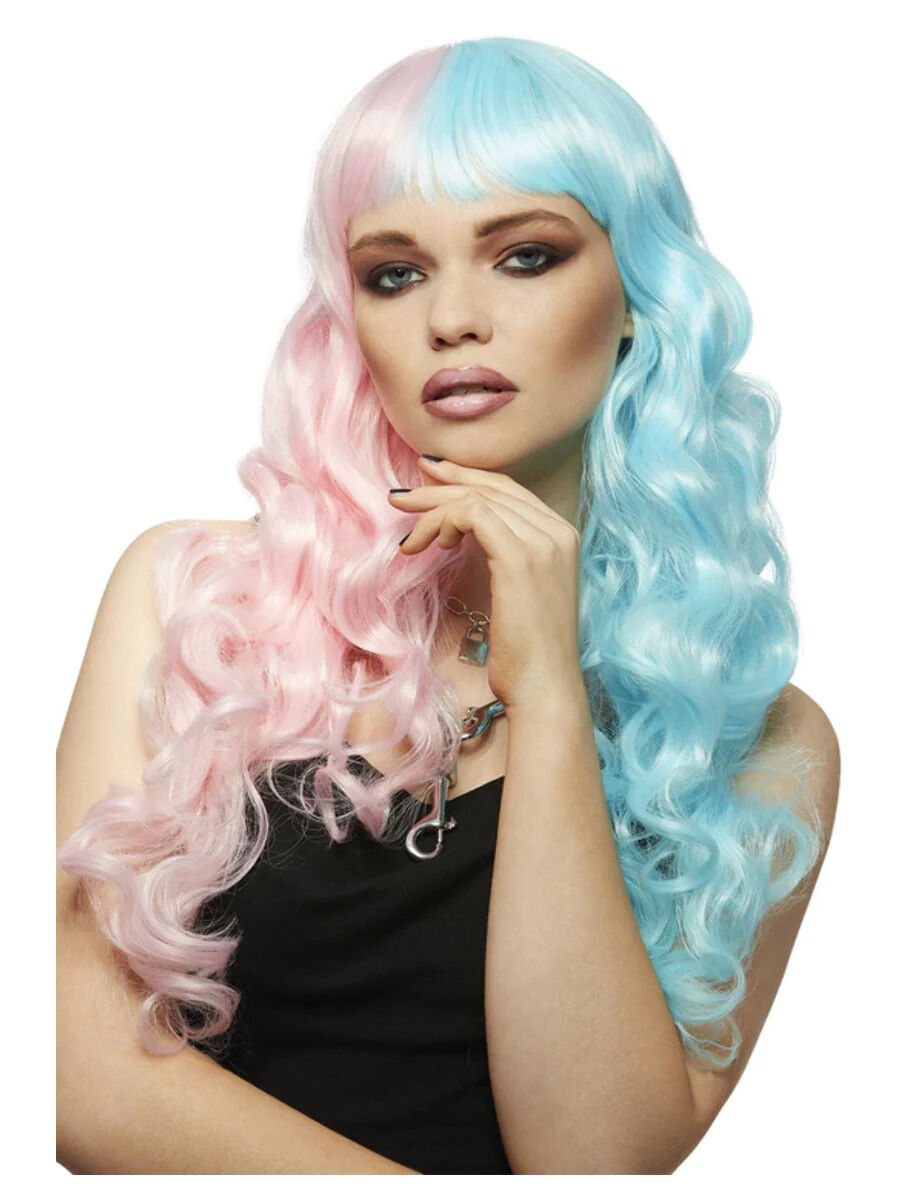 NEU ManicPanic Premium-Damen-Percke Candy Angel, lang und gewellt mit Pony, rosa-blau