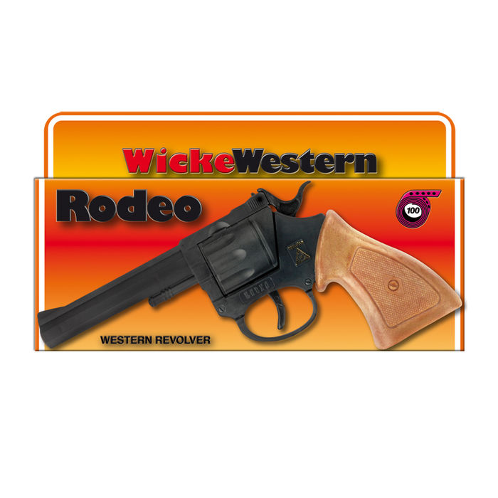 NEU 100-Schuss-Revolver Rodeo, Kunststoff, schwarz mit braunem Handstück - Cowboy- oder Agenten-Pistole
