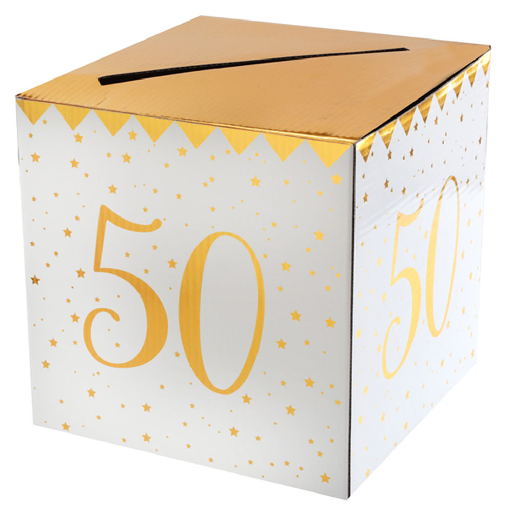 NEU Geldbox 50. Geburtstag, gold-wei, 20x20x20 cm