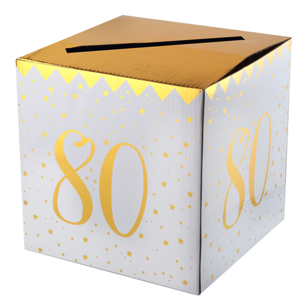 NEU Geldbox 80. Geburtstag, gold-wei, 20x20x20 cm