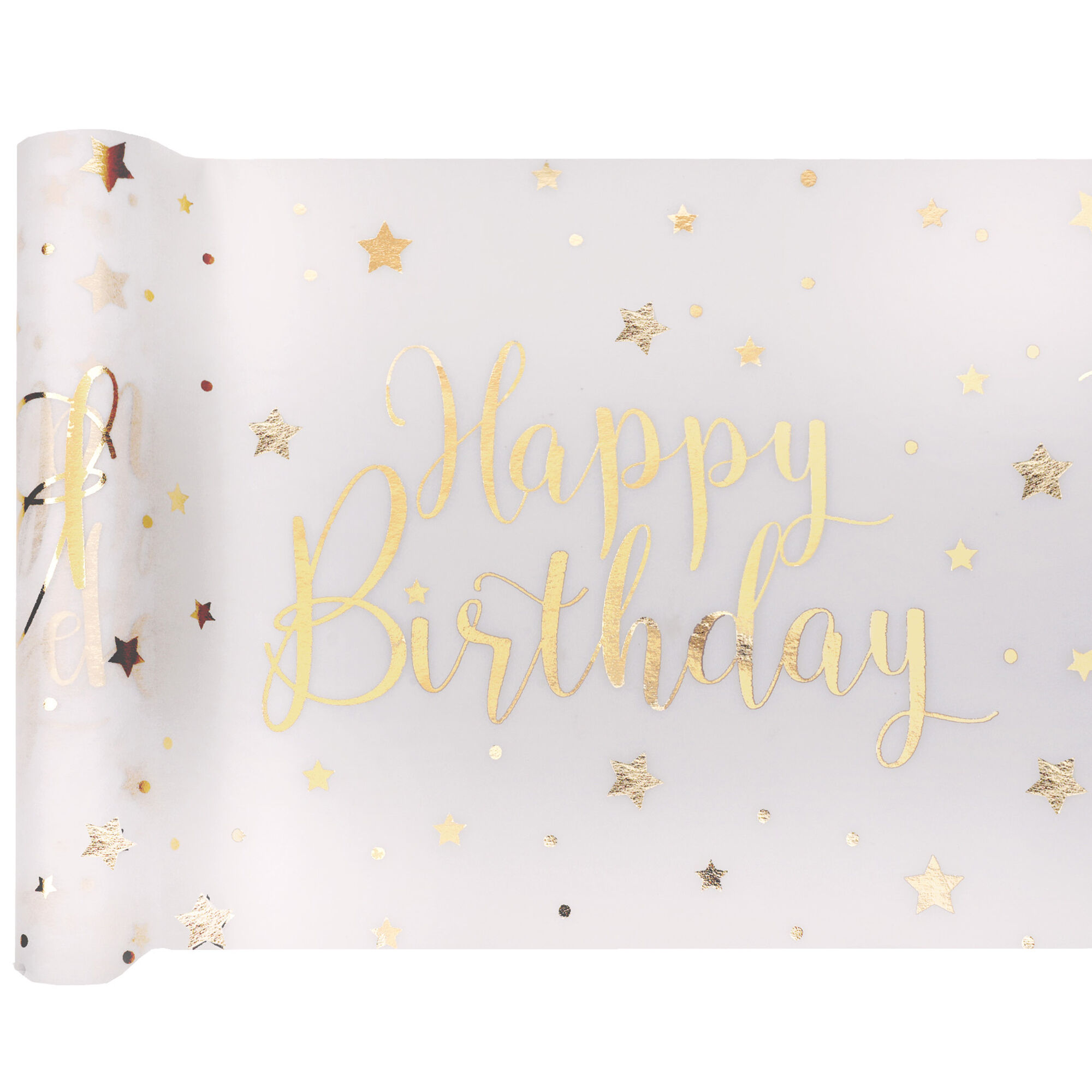 NEU Tischlufer Happy Birthday wei-gold, 30cm x 5m