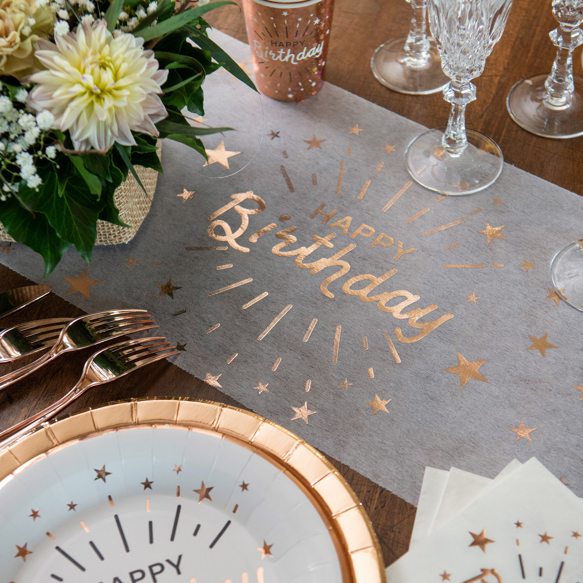 NEU Tischläufer Happy Birthday weiß-rosé-gold, 30cm x 5m Bild 2