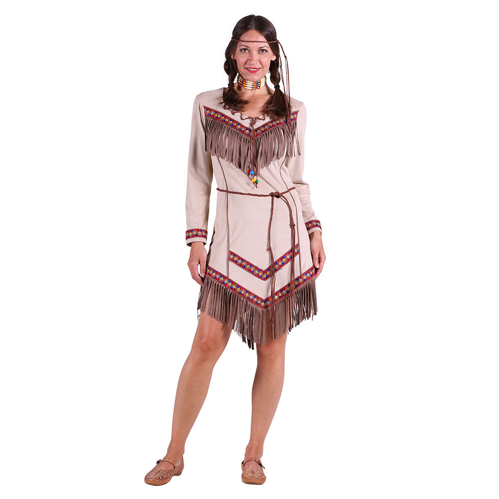 Damen-Kostüm Indianerin schwarze Feder, Kleid & Gürtel, Gr. XXL
