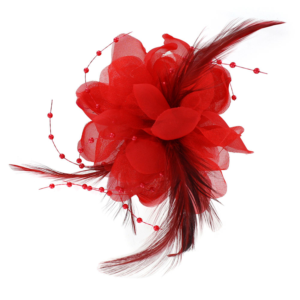 Brosche Blume mit Federn und Perlen, rot, 10cm