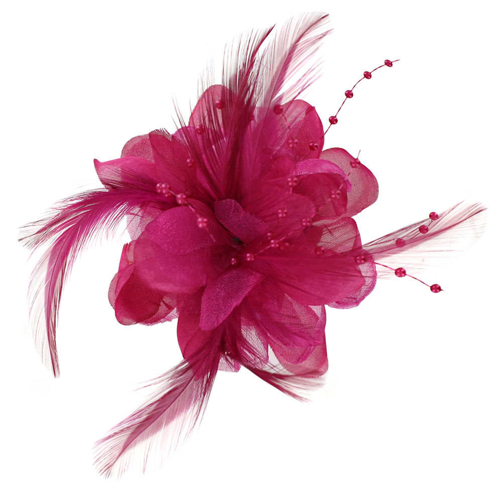 Brosche Blume mit Federn und Perlen, pink, 10cm