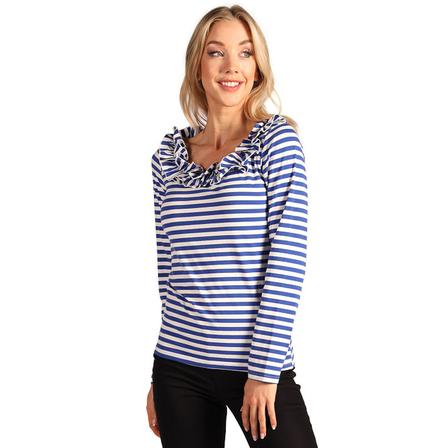 NEU Damen-Kostm Ringelshirt langarm mit Rschenkragen, blau-wei, Gr. XS