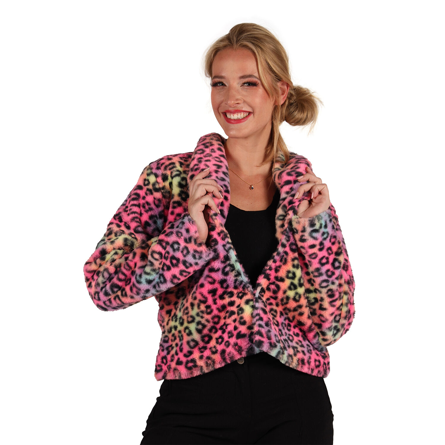 Damen-Kost�m Pl�sch-Jacke Animal Neon-Leopard, Gr. XS-S