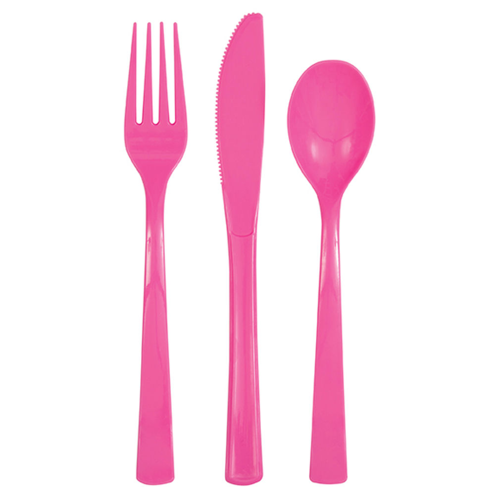 Stabiles Mehrweg-Besteck aus Kunststoff, Set für 6 Personen - Inhalt: 6 Gabeln, 6 Messer, 6 Löffel, Farbe: Hot Pink