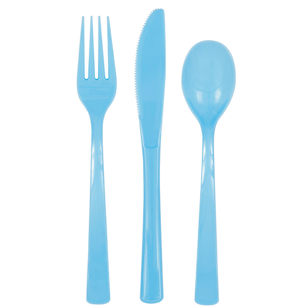 Stabiles Mehrweg-Besteck aus Kunststoff, Set für 6 Personen - Inhalt: 6 Gabeln, 6 Messer, 6 Löffel, Farbe: Hellblau