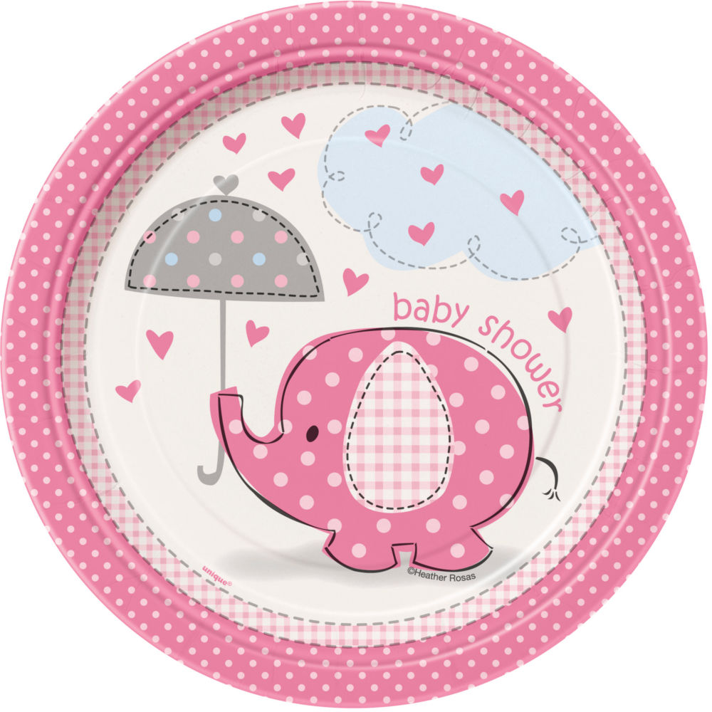 SALE Teller aus Pappe mit Elefant fr Baby Shower Party, wei / rosa / pink, Gre ca. 18 cm, 8 Stck