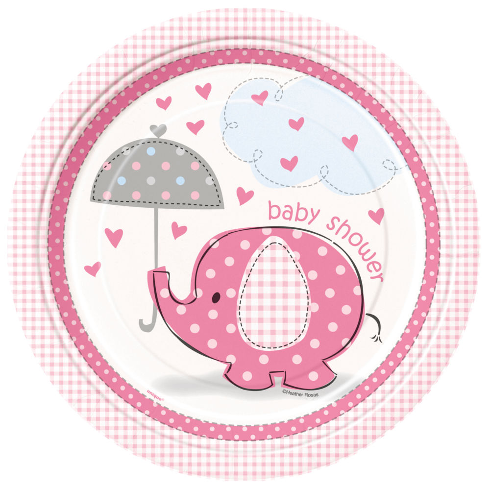 SALE Teller aus Pappe mit Elefant fr Baby Shower Party, wei / rosa / pink, Gre ca. 23 cm, 8 Stck