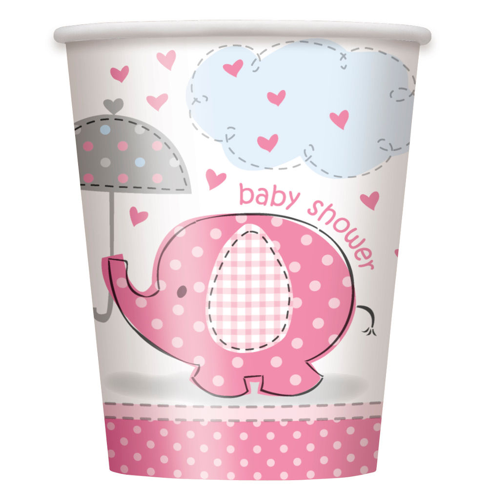 SALE Becher aus Pappe mit Elefant fr Baby Shower Party, wei / rosa / pink, Gre: ca. 250 ml, 8 Stck