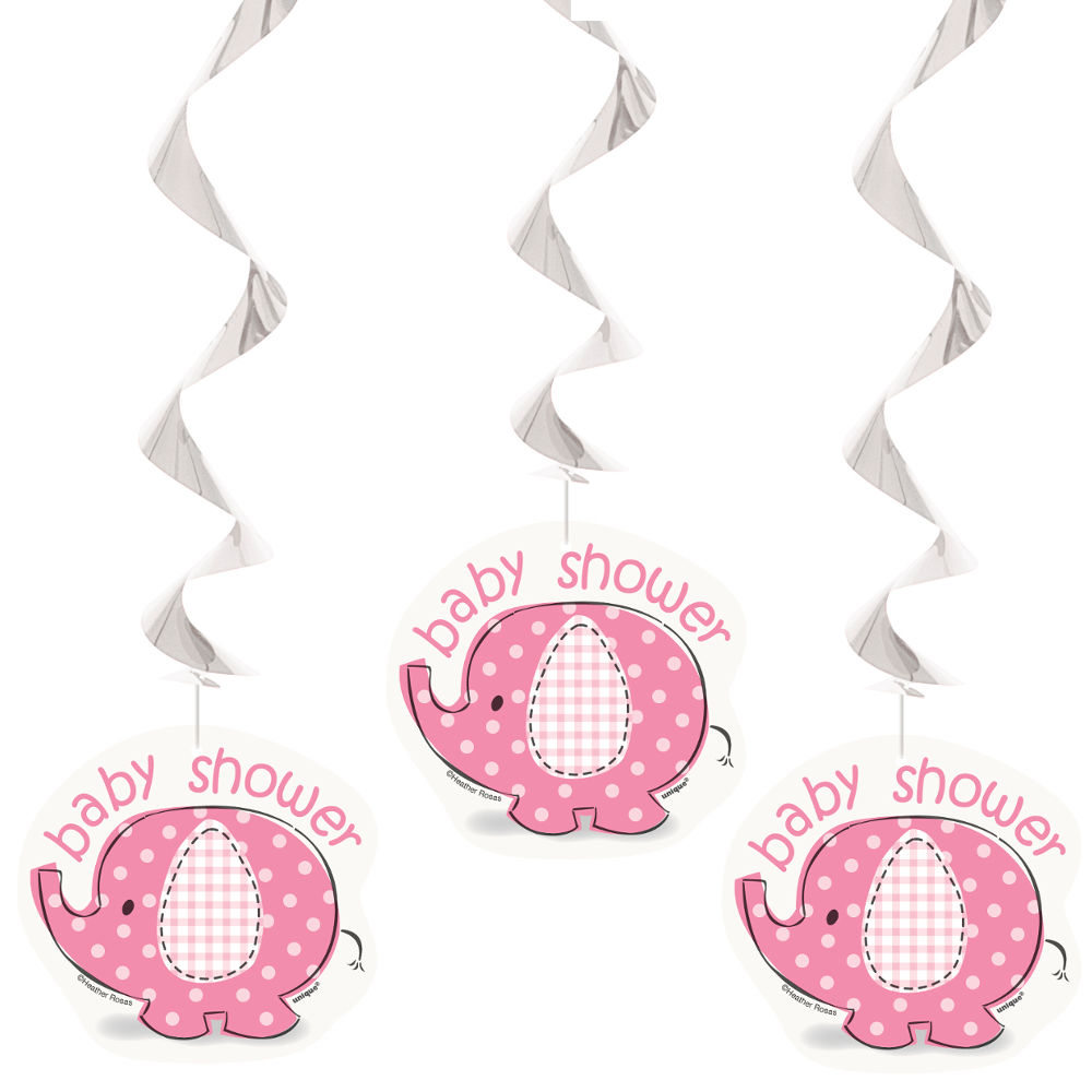 SALE Girlanden spiralfrmig / Deckenhnger mit Elefant fr Baby Shower Dekoration wei / rosa / pink, Lnge: ca. 66 cm, 3 Stck