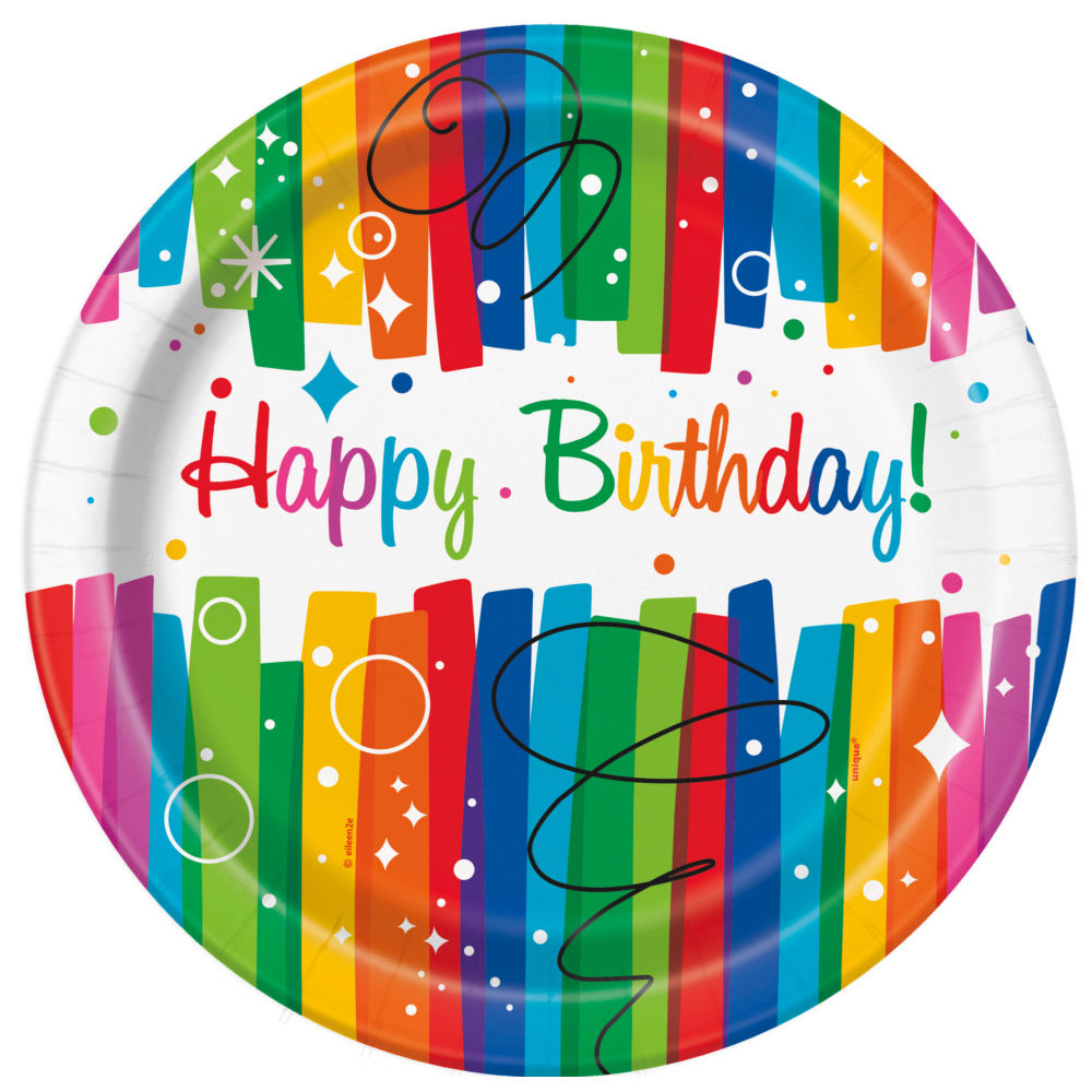 Teller Happy Birthday aus Pappe, Kindergeburtstag, Regenbogenfarben / bunt, Größe ca. 23 cm, 8 Stück