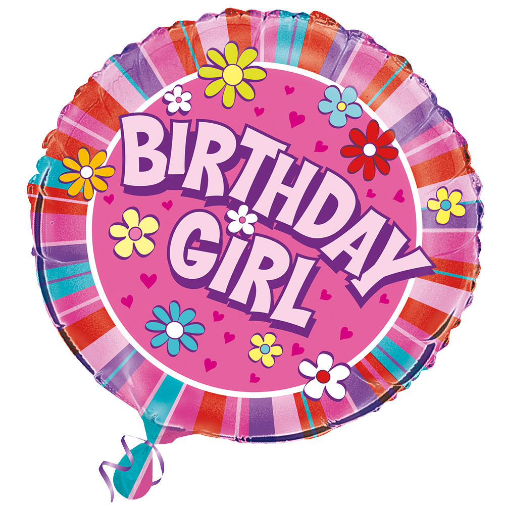 Folienballon Birthday Girl, für Kindergeburtstag Mädchen, Pink mit Blumen, beidseitig bedruckt, Größe: ca. 45 cm
