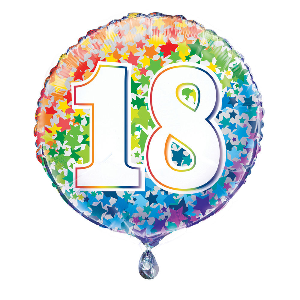 Folienballon 18. Geburtstag, mit bunten Sternen / Regenbogen, beidseitig bedruckt, Größe: ca. 45 cm