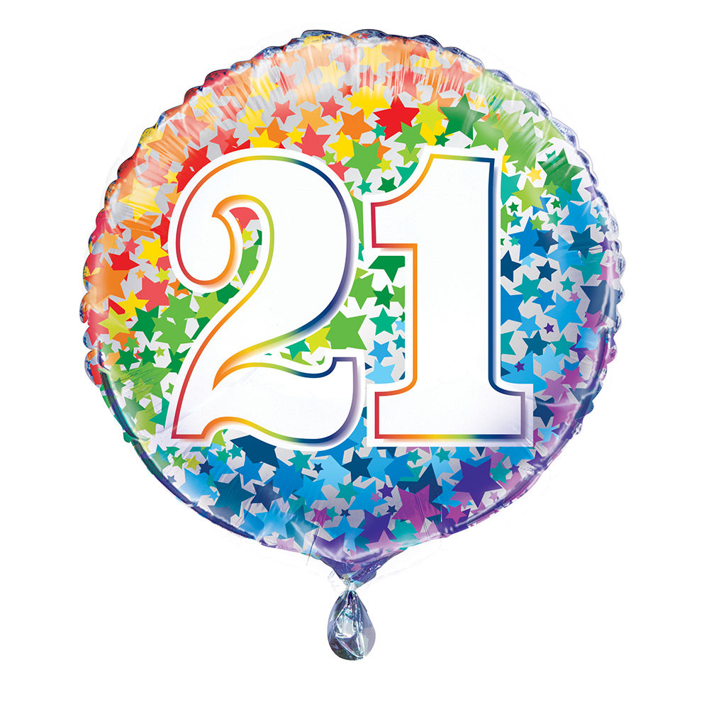 Folienballon 21. Geburtstag, mit bunten Sternen / Regenbogen, beidseitig bedruckt, Größe: ca. 45 cm