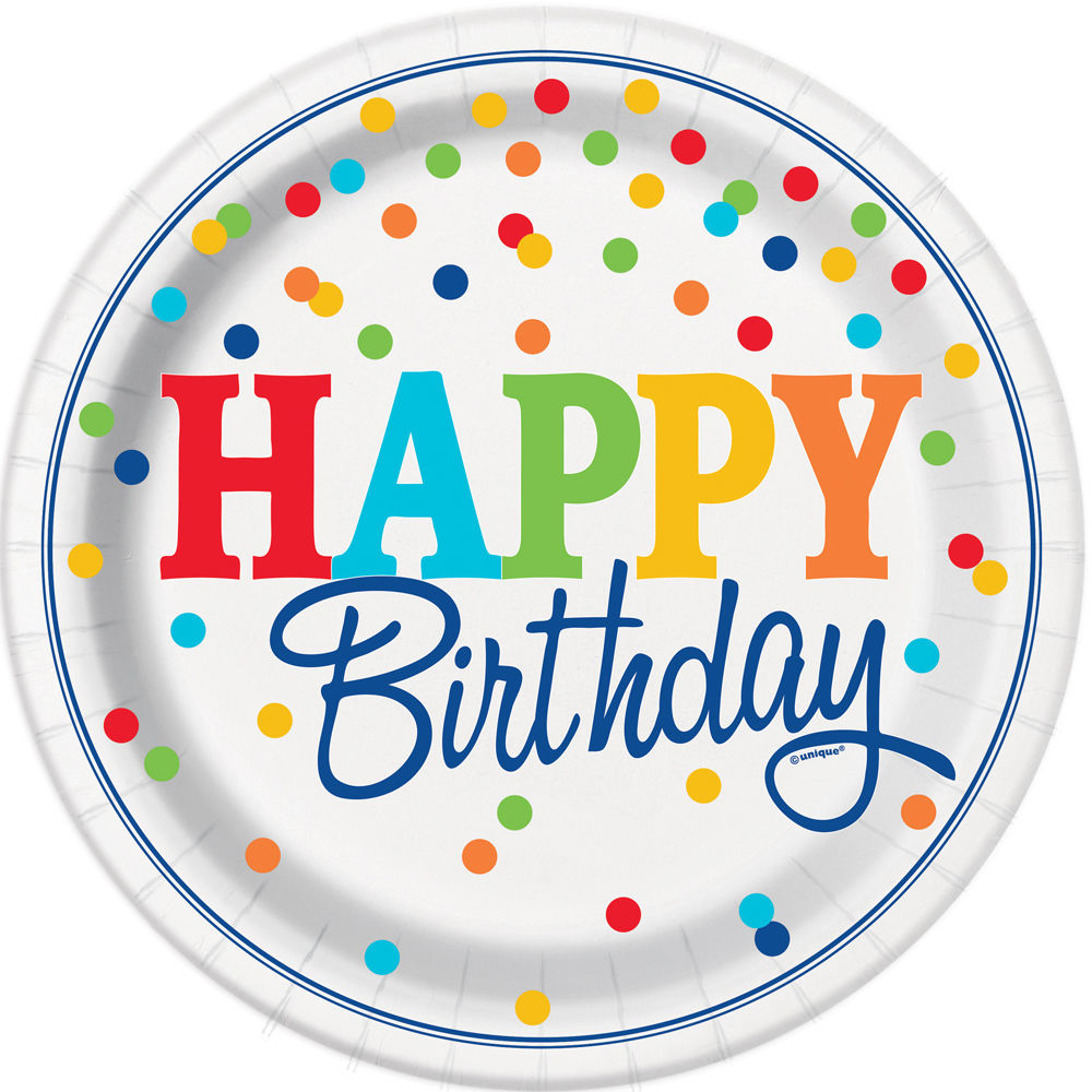 NEU Teller Happy Birthday aus Pappe, Kindergeburtstag, bunt gepunktet, Gre ca. 23 cm, 8 Stck