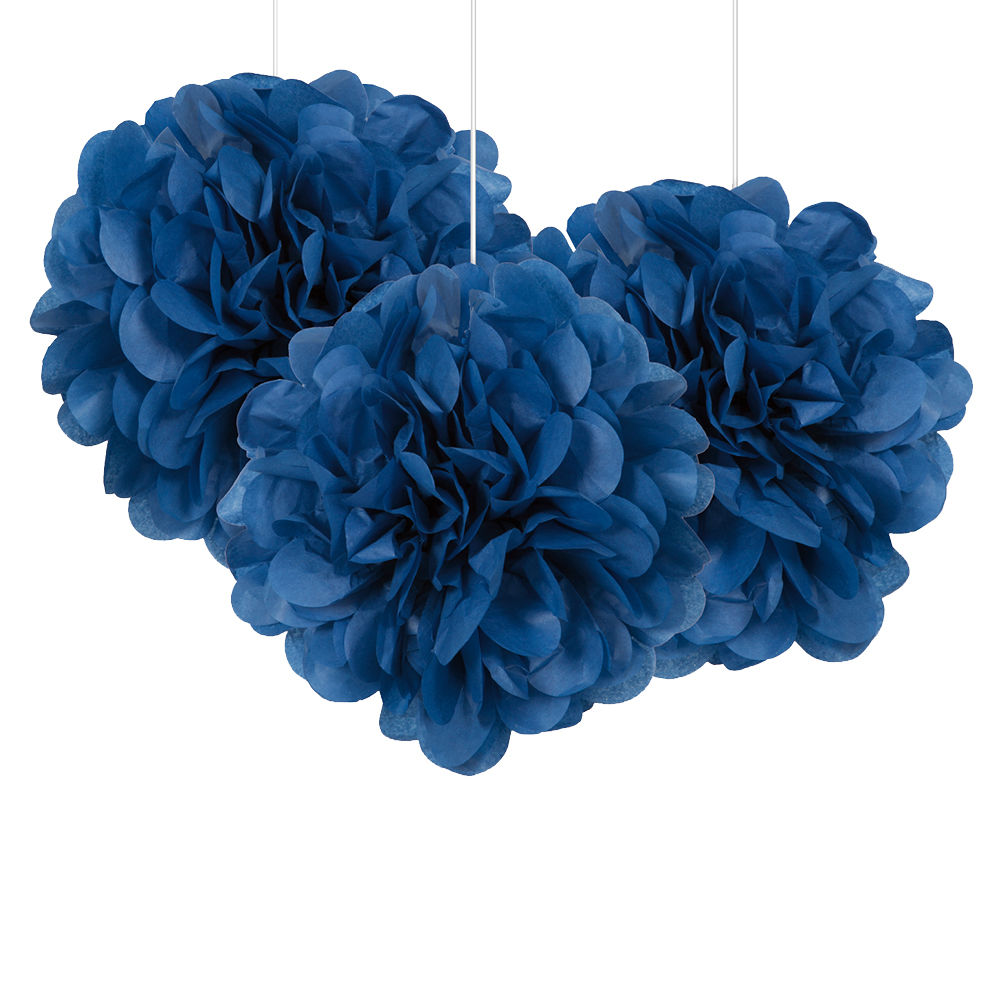 Pompom / Blume aus Papier, Raumdeko zum Aufhängen für Geburtstag, Hochzeit & Co. ca. 22 cm, 3 Stück, Farbe: Königsblau