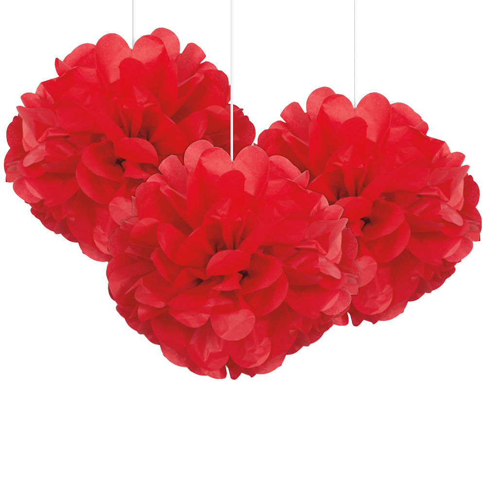 Pompom / Blume aus Papier, Raumdeko zum Aufhängen für Geburtstag, Hochzeit & Co., Größe: ca. 22 cm, 3 Stück, Farbe: Rot