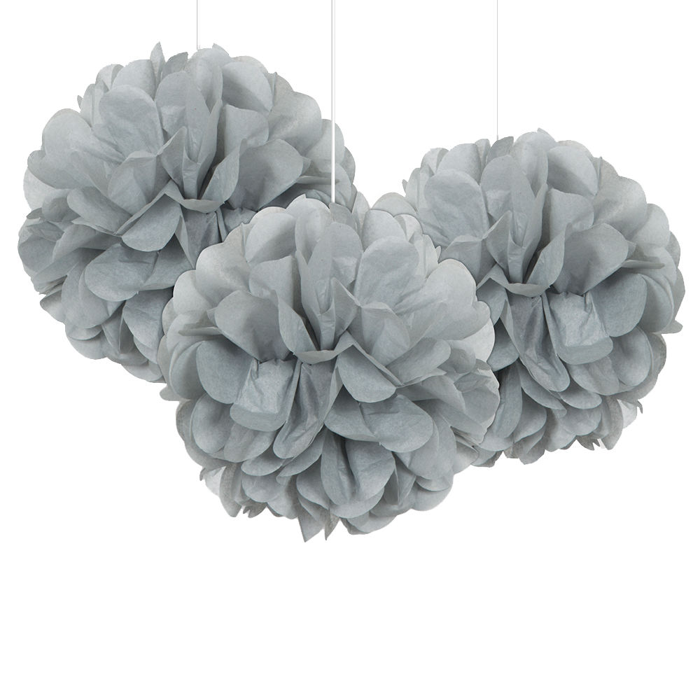 Pompom / Blume aus Papier, Raumdeko zum Aufhängen für Geburtstag, Hochzeit & Co., Größe: ca. 22 cm, 3 Stück, Farbe: Silber