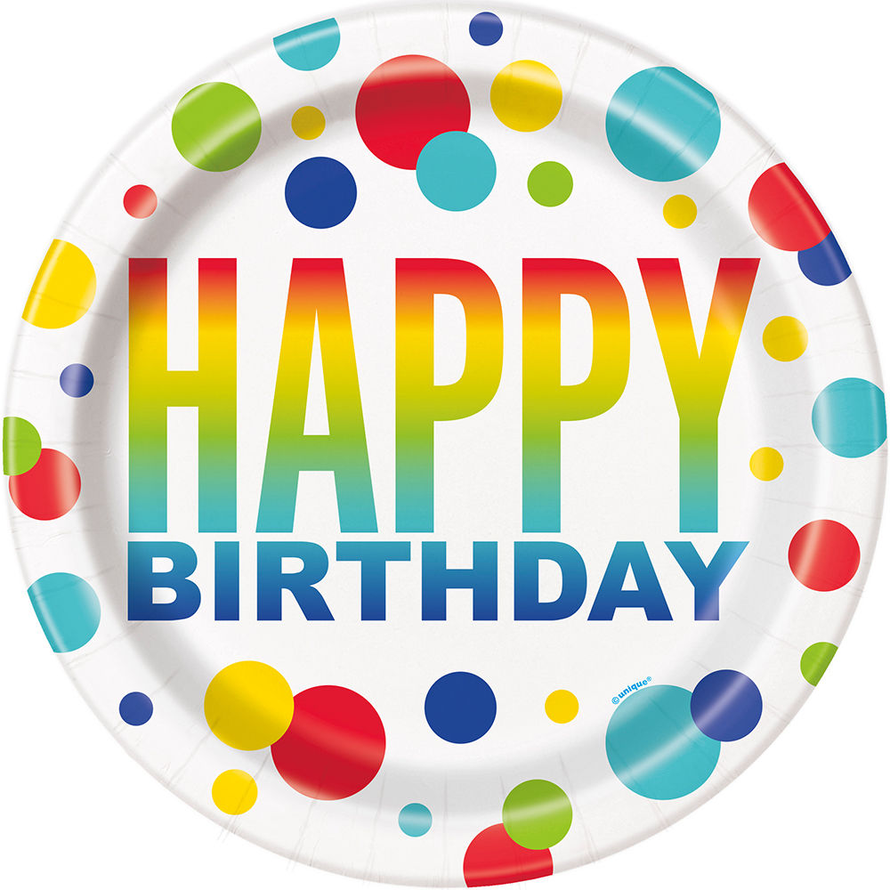 Teller Happy Birthday aus Pappe, Kindergeburtstag, Regenbogenfarben gepunktet, Größe ca. 23 cm, 8 Stück