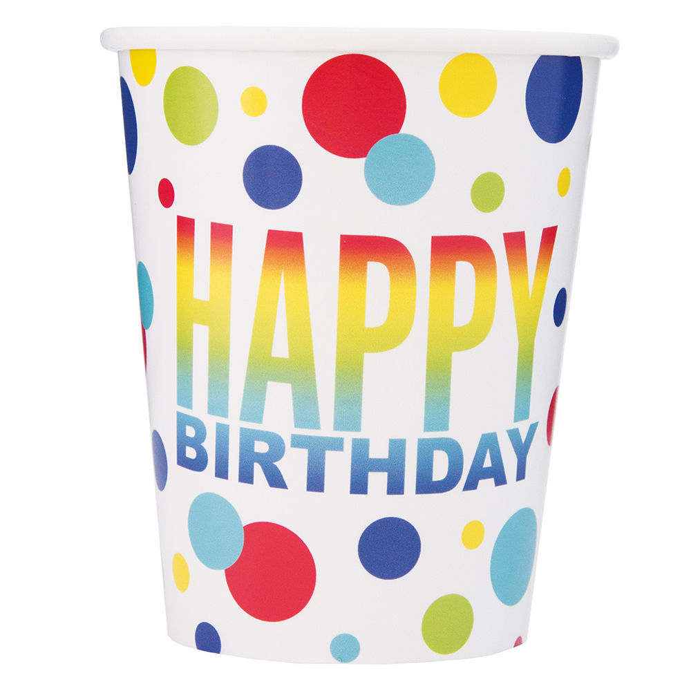 Becher Happy Birthday aus Pappe, Kindergeburtstag, Regenbogenfarben gepunktet, Größe: ca. 250 ml, 8 Stück