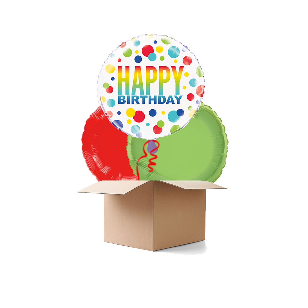 Ballongrüsse Happy Birthday mit Punkten in Regenbogenfarben, 3 Ballons