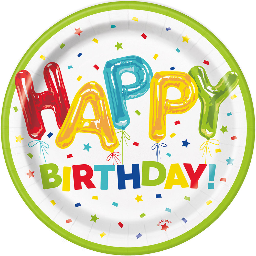 NEU Teller Happy Birthday aus Pappe, Kindergeburtstag, Design Folienballon bunt, Gre ca. 18 cm, 8 Stck