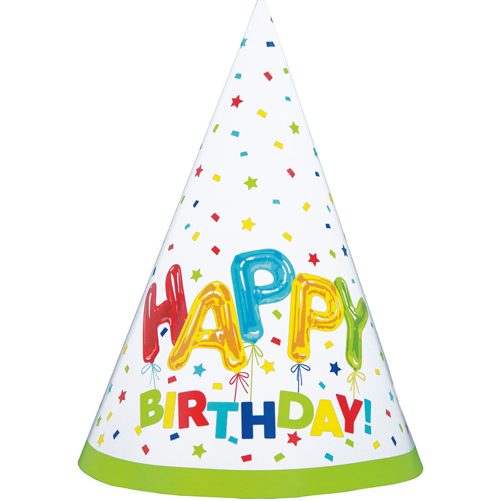 SALE Partyhte Happy Birthday aus Pappe, Kindergeburtstag, Design Folienballon bunt, 8 Stck