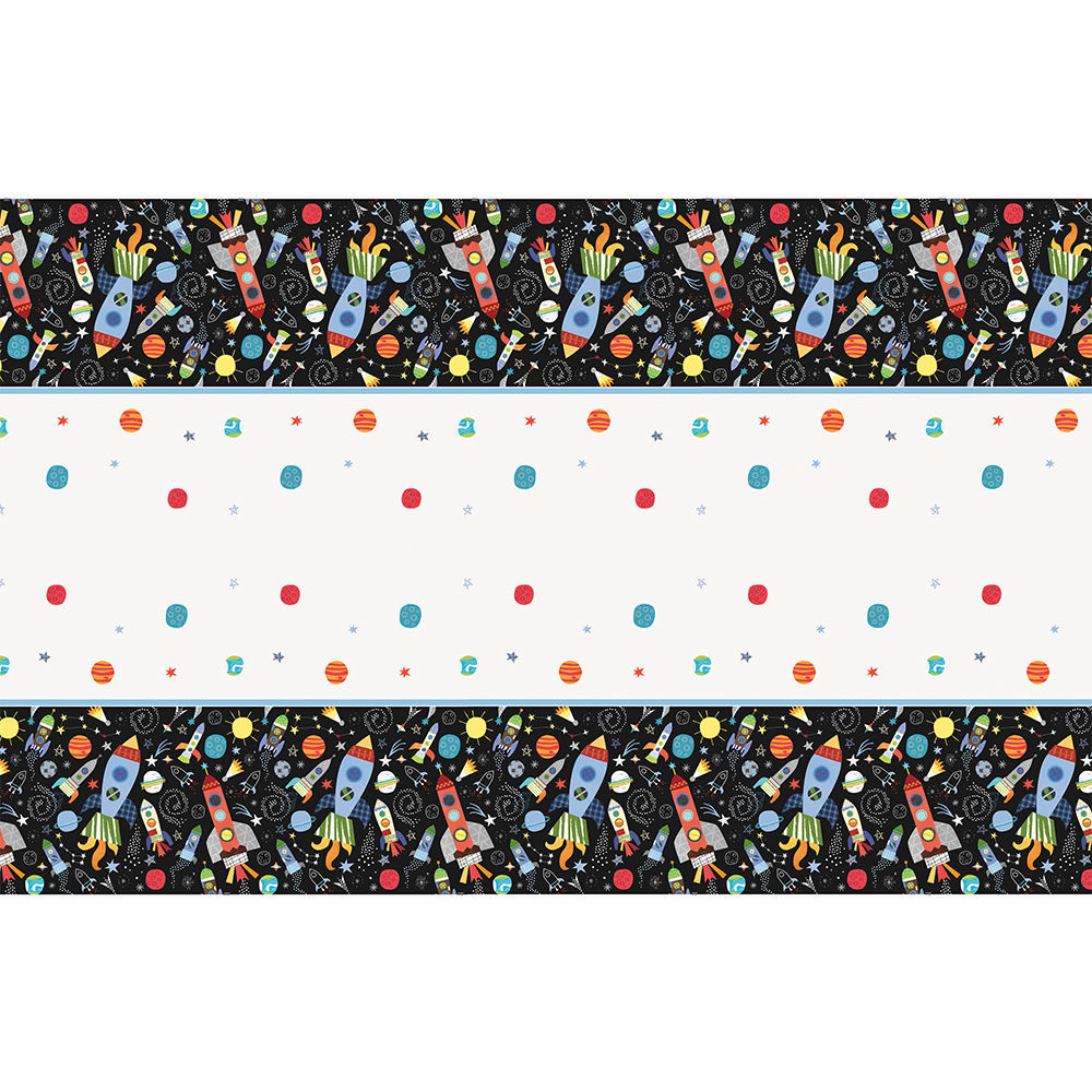 SALE Tischdecke aus Kunststoff, Weltall / Rakete fr Kindergeburtstag Junge, schwarz / blau, Gre: 1,37 x 2,13 m