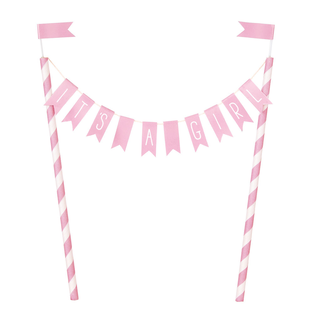 Tortendeko Wimpelkette / Kuchengirlande Its A Girl, Baby Shower Party, rosa / weiß mit Papierfähnchen