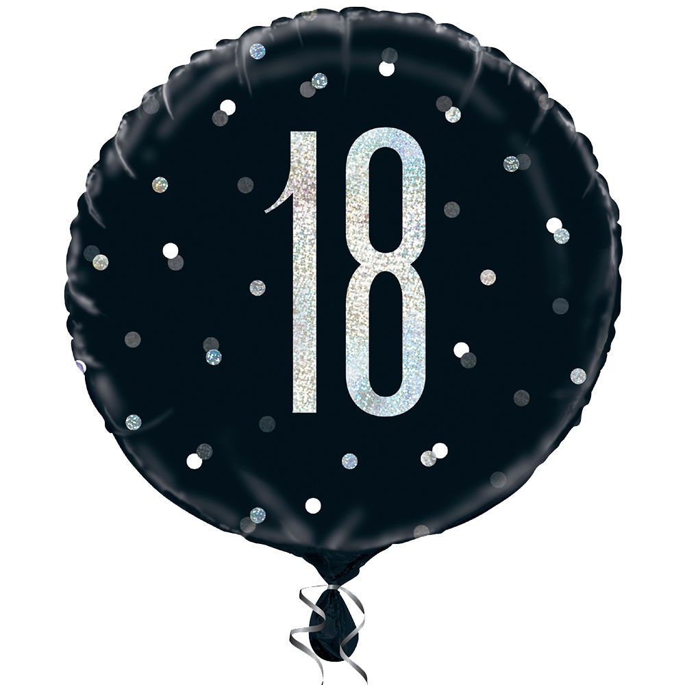 Folienballon 18. Geburtstag / Volljährigkeit, schwarz-silber, glitzernd, Größe: ca. 45 cm