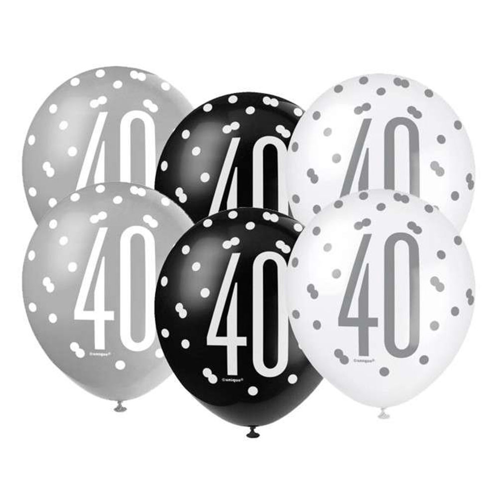 Luftballon Latex 40. Geburtstag, wei / grau / schwarz, Gre: ca. 30 cm, 6 Stck