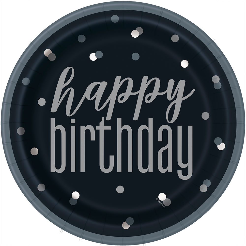 Teller Happy Birthday aus Pappe, schwarz-grau gepunktet, Größe: ca. 23 cm, 8 Stück
