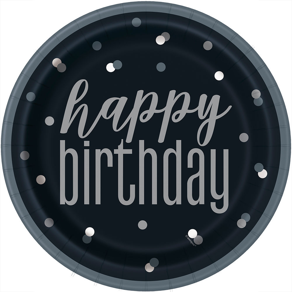 Teller Happy Birthday aus Pappe, schwarz-grau gepunktet, Gre: ca. 23 cm, 8 Stck