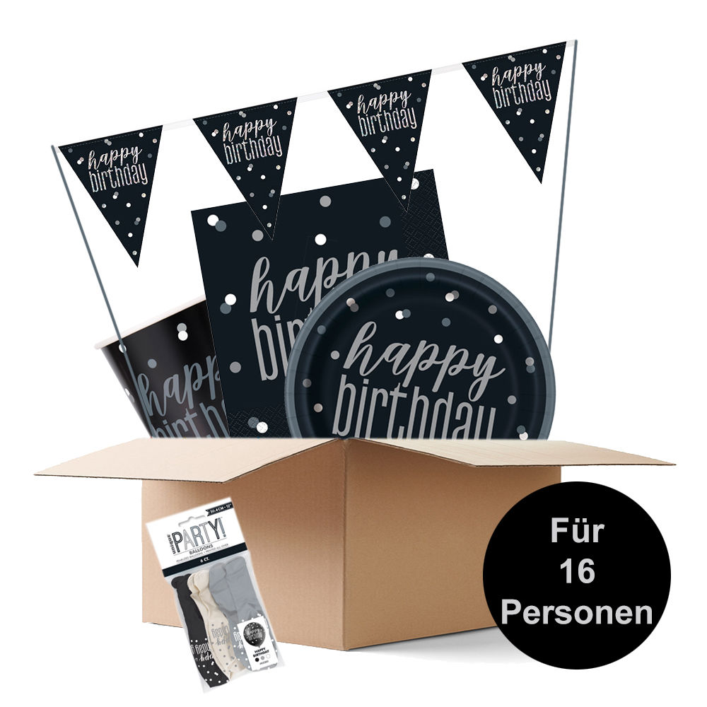 Partybox Happy Birthday, schwarz-grau, 16 Personen