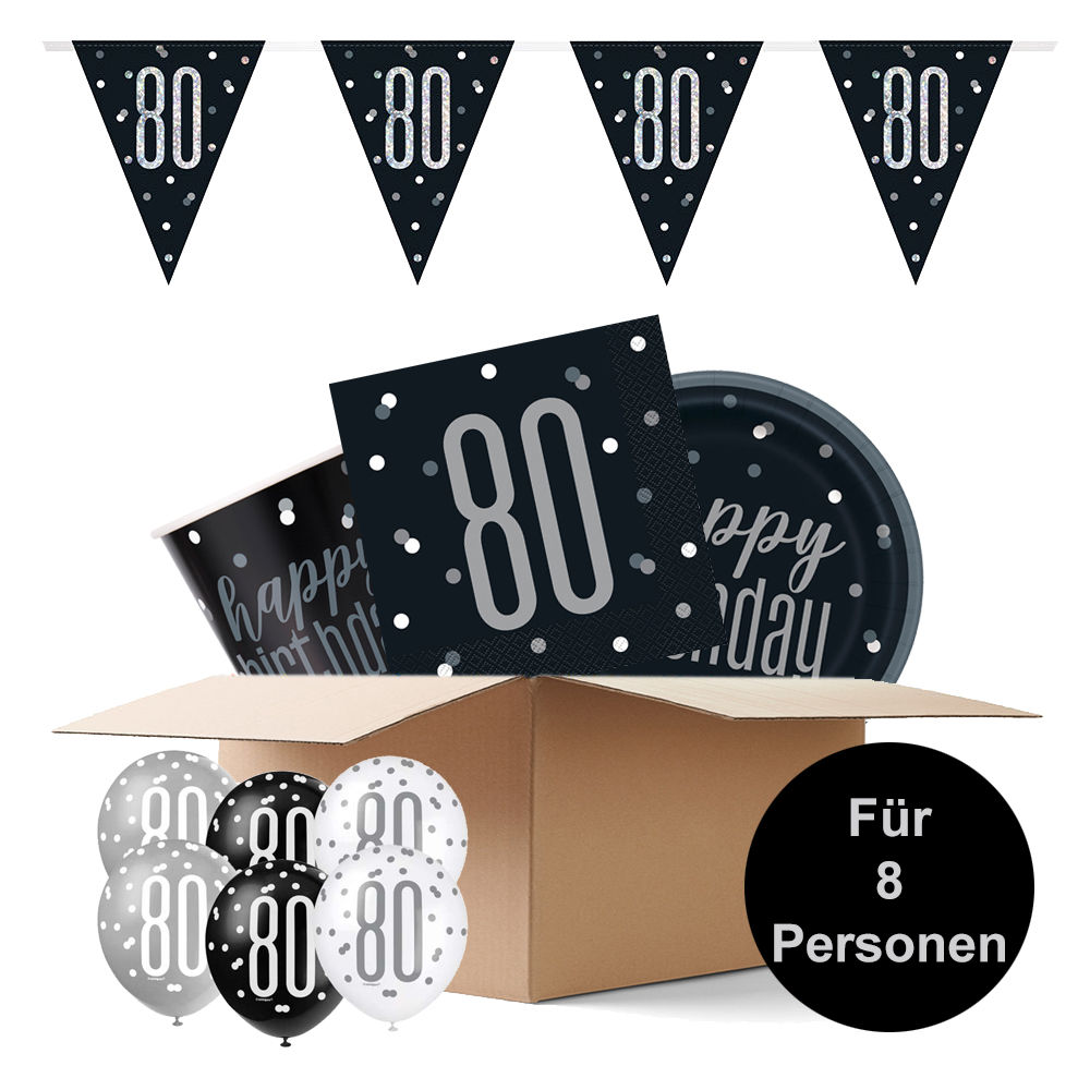 Partybox 80. Geburtstag, schwarz-grau, 8 Personen