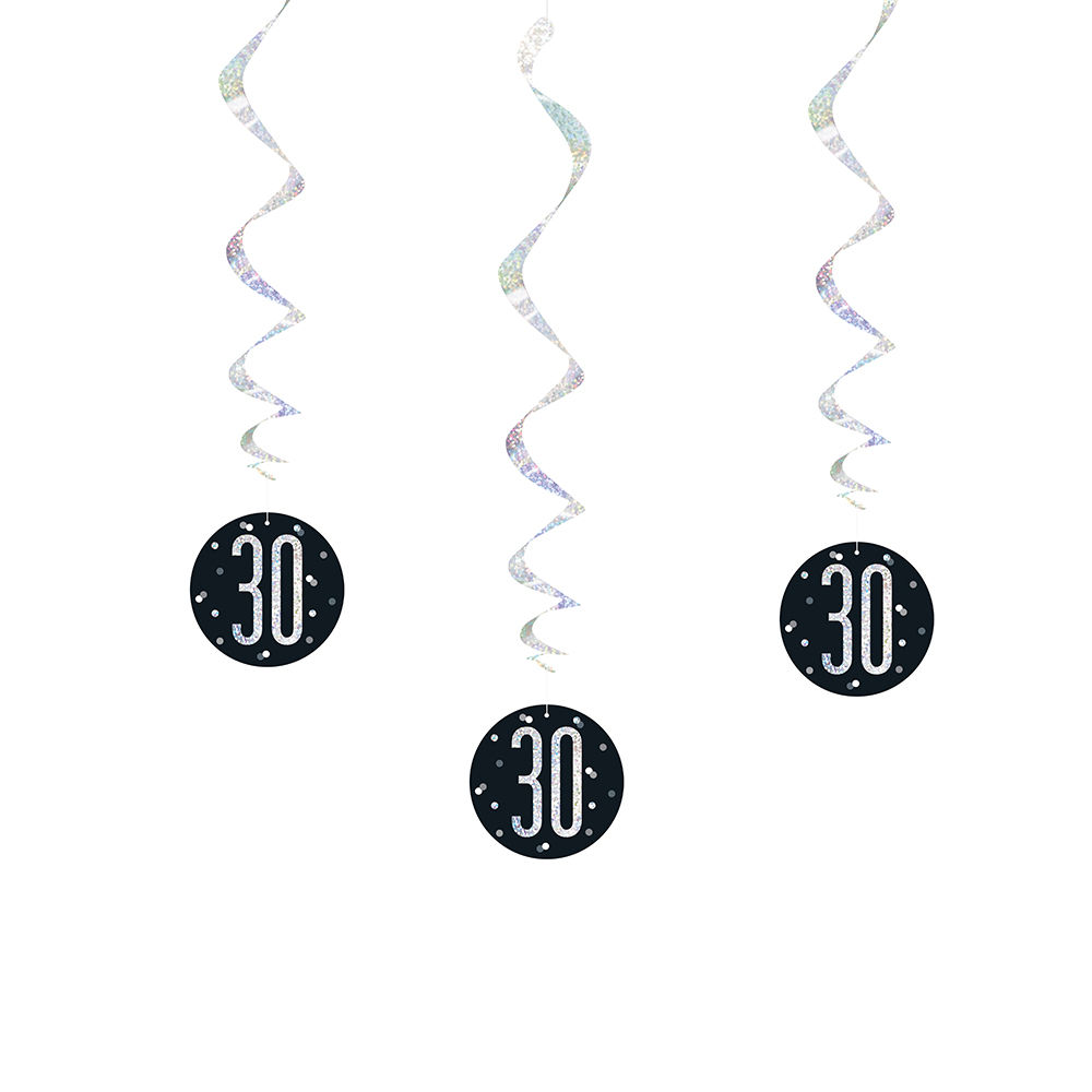 Girlande spiralförmig / Deckenhänger 30. Geburtstag, schwarz-silber, glitzernd, Länge: ca. 80 cm, 6 Stück