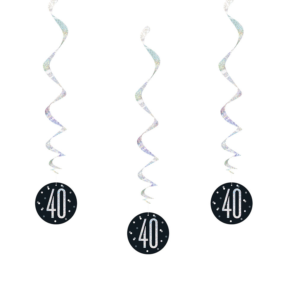 Girlande spiralförmig / Deckenhänger 40. Geburtstag, schwarz-silber, glitzernd, Länge: ca. 80 cm, 6 Stück