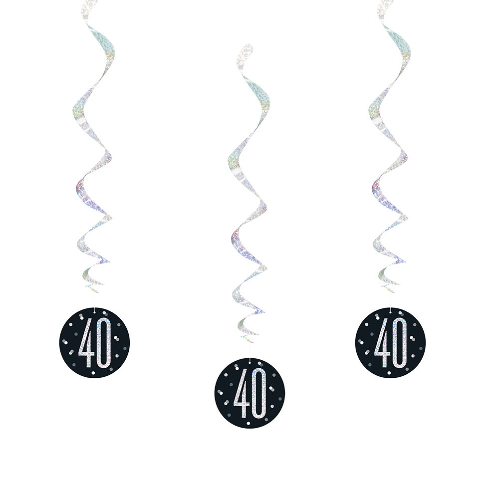 SALE Girlande spiralfrmig / Deckenhnger 40. Geburtstag, schwarz-silber, glitzernd, Lnge: ca. 80 cm, 6 Stck