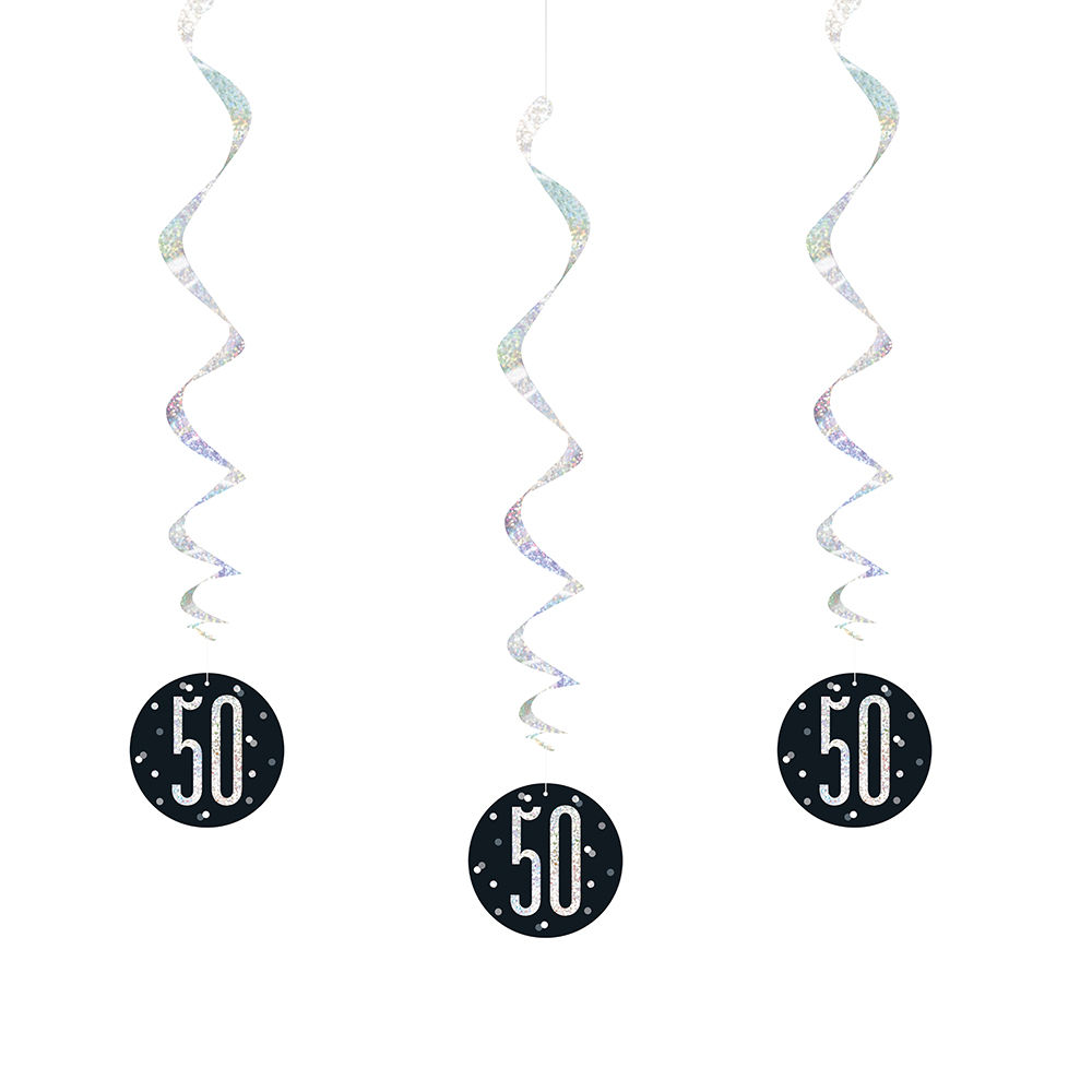 SALE Girlande spiralfrmig / Deckenhnger 50. Geburtstag, schwarz-silber, glitzernd, Lnge: ca. 80 cm, 6 Stck