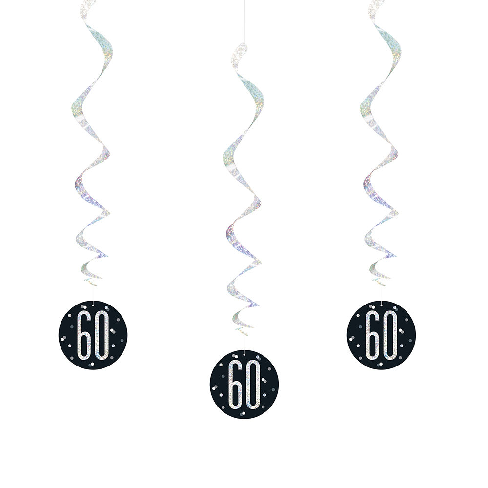 Girlande spiralförmig / Deckenhänger 60. Geburtstag, schwarz-silber, glitzernd, Länge: ca. 80 cm, 6 Stück