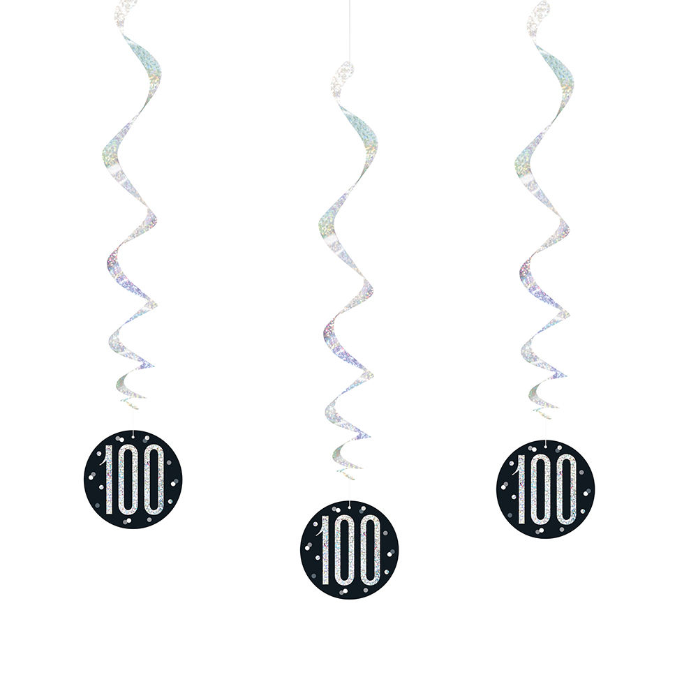 SALE Girlande spiralfrmig / Deckenhnger 100. Geburtstag, schwarz-silber, glitzernd, Lnge: ca. 80 cm, 6 Stck