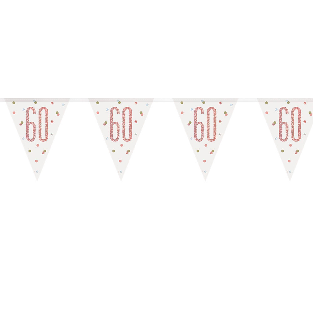 Wimpelkette 60. Geburtstag, rosegold-glitzer, Lnge: ca. 2,7 m