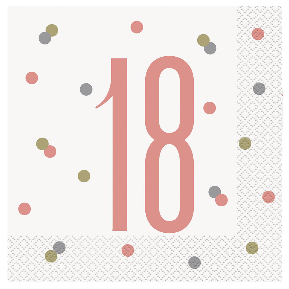 Servietten 18. Geburtstag / Volljährigkeit, weiß-rosegold, Größe: ca. 33 x 33 cm, 16 Stück