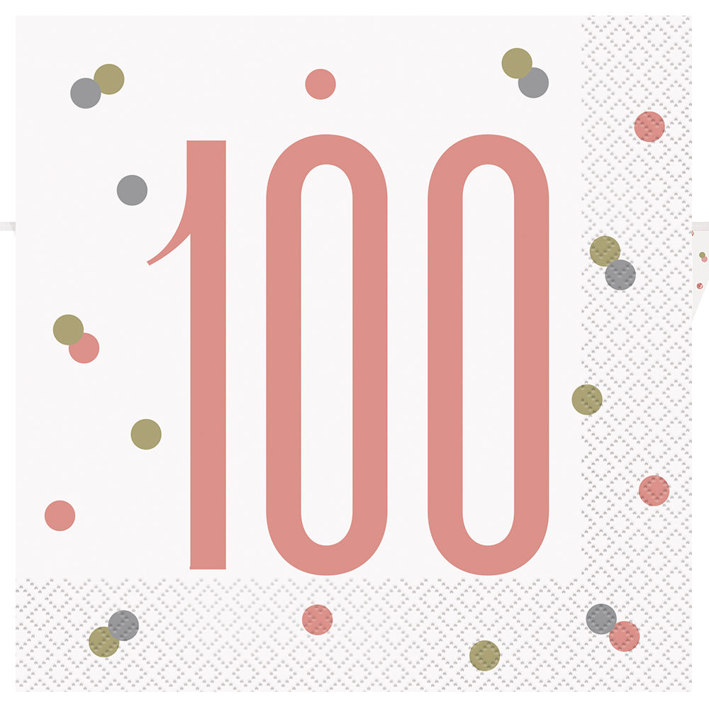 Servietten 100. Geburtstag, weiß-rosegold, Größe: ca. 33 x 33 cm, 16 Stück
