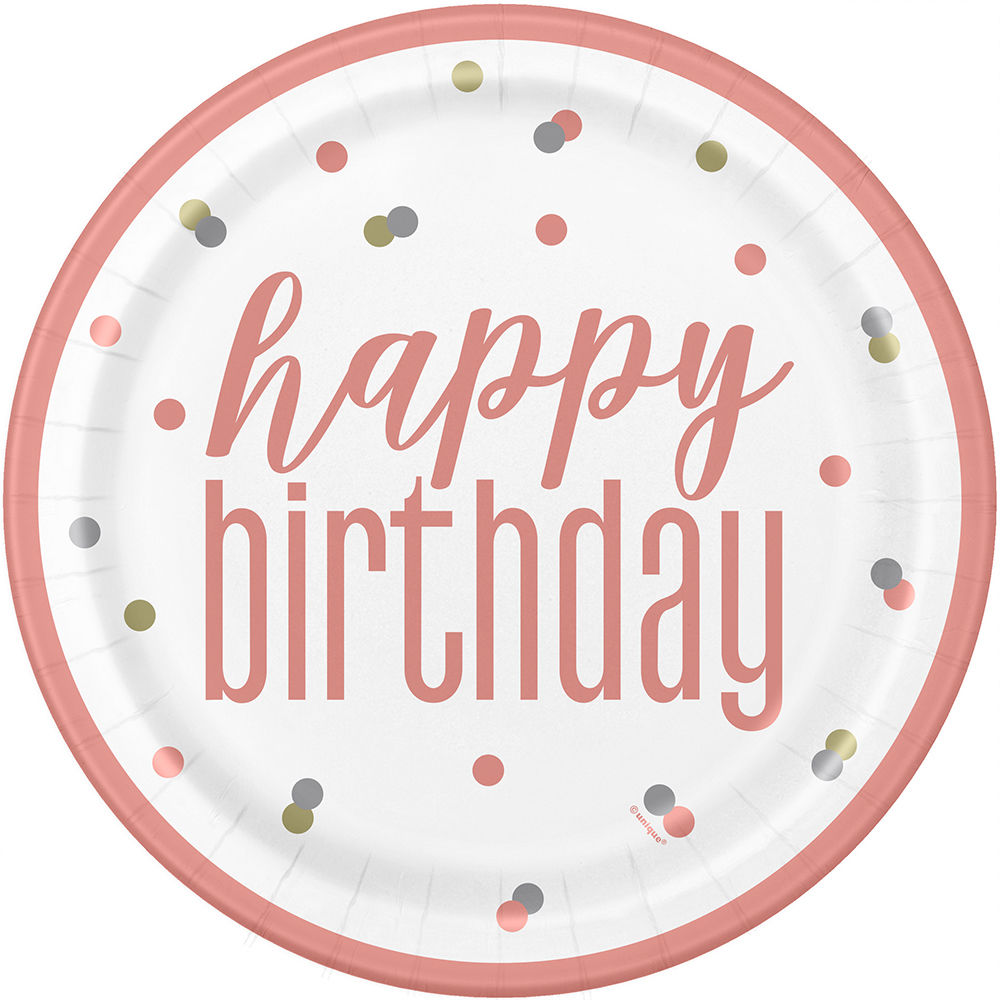 Teller Happy Birthday aus Pappe, wei-rosegold, Gre: ca. 23 cm, 8 Stck